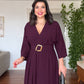 V-NECK BELTED DRESS WITH BUCKLE DETAIL AND ASYMMETRIC DRESS - BURGUNDY
