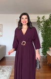 V-NECK BELTED DRESS WITH BUCKLE DETAIL AND ASYMMETRIC DRESS - BURGUNDY