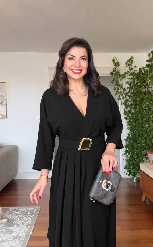 V-NECK BELTED DRESS WITH BUCKLE DETAIL AND ASYMMETRIC DRESS - BLACK