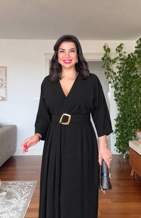 V-NECK BELTED DRESS WITH BUCKLE DETAIL AND ASYMMETRIC DRESS - BLACK