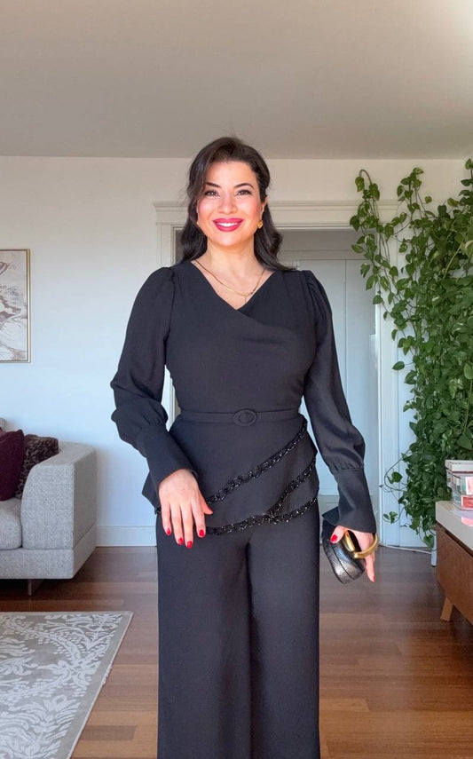 V-NECK ASYMMETRIC LAYERED WIDE-LEG JUMPSUIT WITH SHIMMERING DETAILS - BLACK