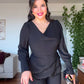 V-NECK ASYMMETRIC LAYERED WIDE-LEG JUMPSUIT WITH SHIMMERING DETAILS - BLACK