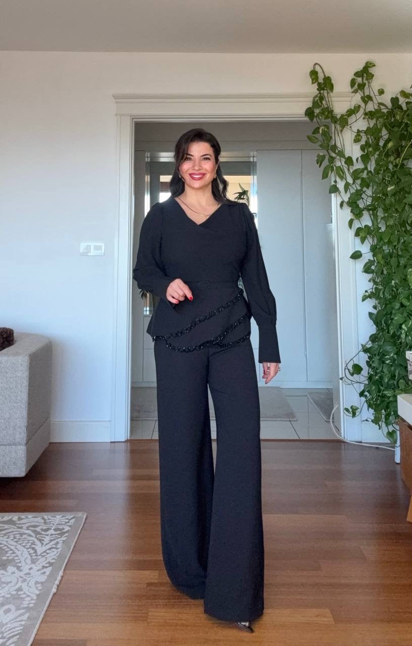 V-NECK ASYMMETRIC LAYERED WIDE-LEG JUMPSUIT WITH SHIMMERING DETAILS - BLACK