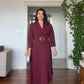 CROSSOVER V-NECK MIDI DRESS WITH PLEAT DETAIL AND BUCKLED BELT - BURGUNDY