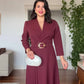 CROSSOVER V-NECK MIDI DRESS WITH PLEAT DETAIL AND BUCKLED BELT - BURGUNDY