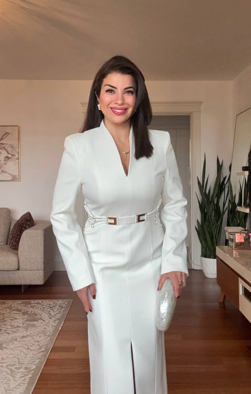 V-NECK METAL BUCKLE DETAIL LONG-SLEEVE MIDI DRESS - WHITE
