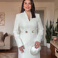 V-NECK METAL BUCKLE DETAIL LONG-SLEEVE MIDI DRESS - WHITE