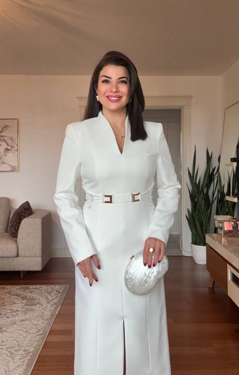 V-NECK METAL BUCKLE DETAIL LONG-SLEEVE MIDI DRESS - WHITE