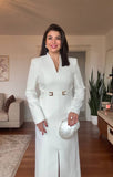 V-NECK METAL BUCKLE DETAIL LONG-SLEEVE MIDI DRESS - WHITE