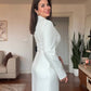 V-NECK METAL BUCKLE DETAIL LONG-SLEEVE MIDI DRESS - WHITE