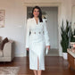 V-NECK METAL BUCKLE DETAIL LONG-SLEEVE MIDI DRESS - WHITE