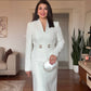 V-NECK METAL BUCKLE DETAIL LONG-SLEEVE MIDI DRESS - WHITE