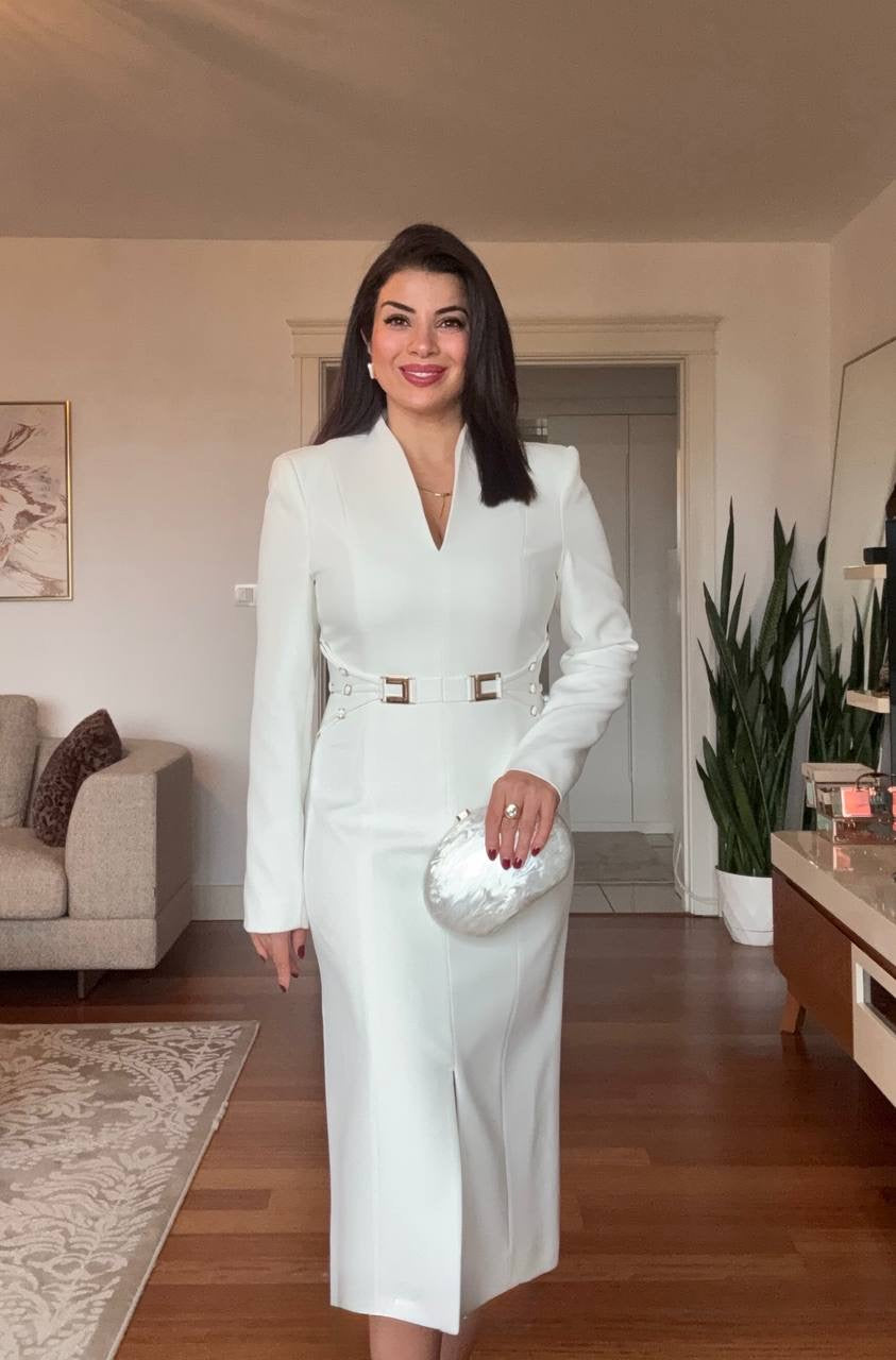 V-NECK METAL BUCKLE DETAIL LONG-SLEEVE MIDI DRESS - WHITE