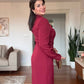 V-NECK METAL BUCKLE DETAIL LONG-SLEEVE MIDI DRESS - BURGUNDY