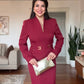 V-NECK METAL BUCKLE DETAIL LONG-SLEEVE MIDI DRESS - BURGUNDY