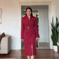 V-NECK METAL BUCKLE DETAIL LONG-SLEEVE MIDI DRESS - BURGUNDY