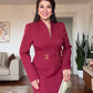 V-NECK METAL BUCKLE DETAIL LONG-SLEEVE MIDI DRESS - BURGUNDY