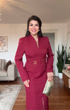 V-NECK METAL BUCKLE DETAIL LONG-SLEEVE MIDI DRESS - BURGUNDY
