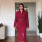 V-NECK METAL BUCKLE DETAIL LONG-SLEEVE MIDI DRESS - BURGUNDY