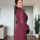 RHINESTONE-DETAIL LAPEL COLLAR BELTED MIDI DRESS - BURGUNDY