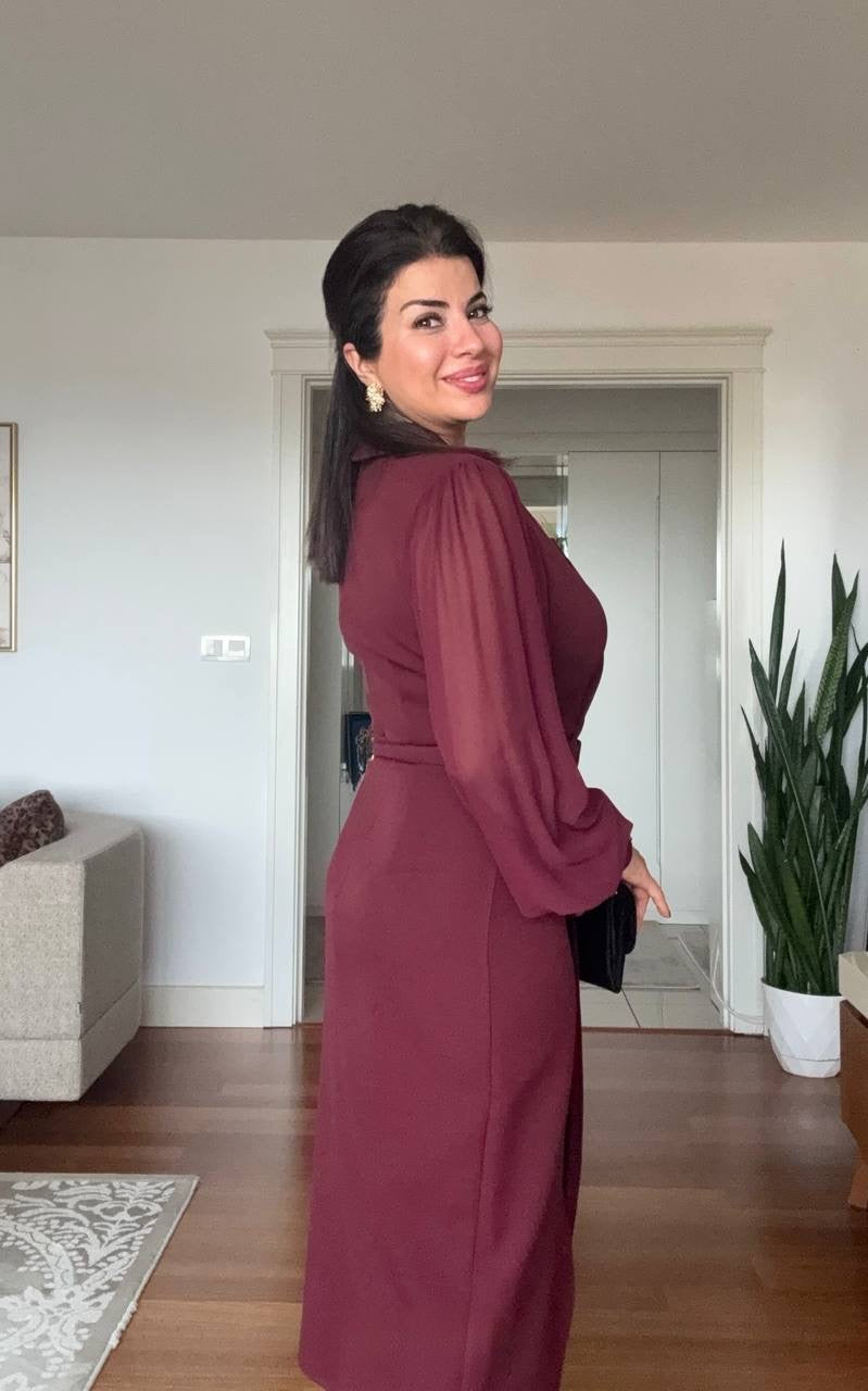 RHINESTONE-DETAIL LAPEL COLLAR BELTED MIDI DRESS - BURGUNDY