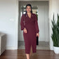 RHINESTONE-DETAIL LAPEL COLLAR BELTED MIDI DRESS - BURGUNDY