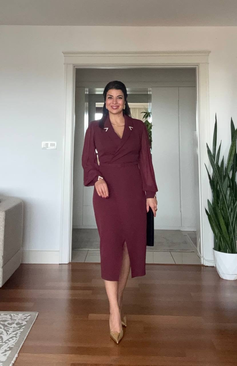 RHINESTONE-DETAIL LAPEL COLLAR BELTED MIDI DRESS - BURGUNDY