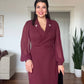 RHINESTONE-DETAIL LAPEL COLLAR BELTED MIDI DRESS - BURGUNDY