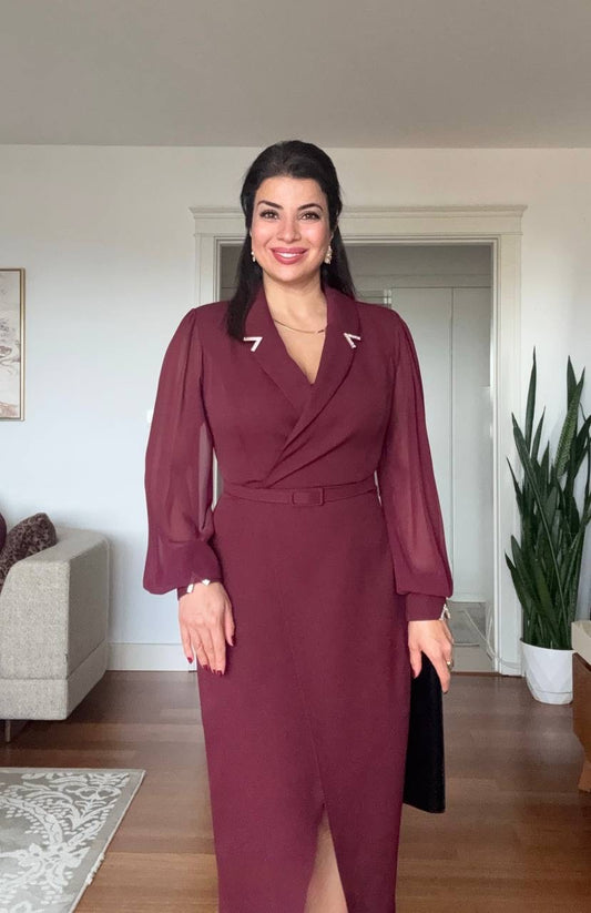 RHINESTONE-DETAIL LAPEL COLLAR BELTED MIDI DRESS - BURGUNDY