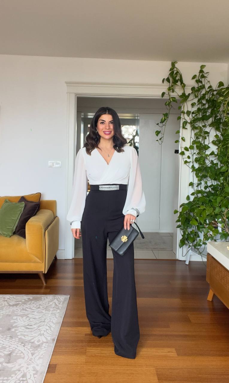 BLACK & WHITE JUMPSUIT WITH STONE DETAILS