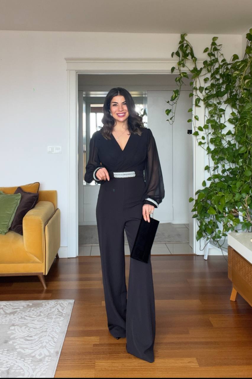 JUMPSUIT WITH STONE DETAILS - BLACK