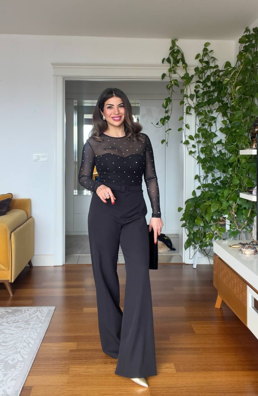 STONE-EMBELLISHED STRAPLESS JUMPSUIT - BLACK