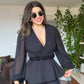 V-NECK BELTED SET - BLACK
