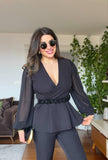 V-NECK BELTED SET - BLACK