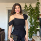 SHOULDER-DETAILED PEARL BUTTON SUIT – BLACK