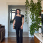 SHOULDER-DETAILED PEARL BUTTON SUIT – BLACK