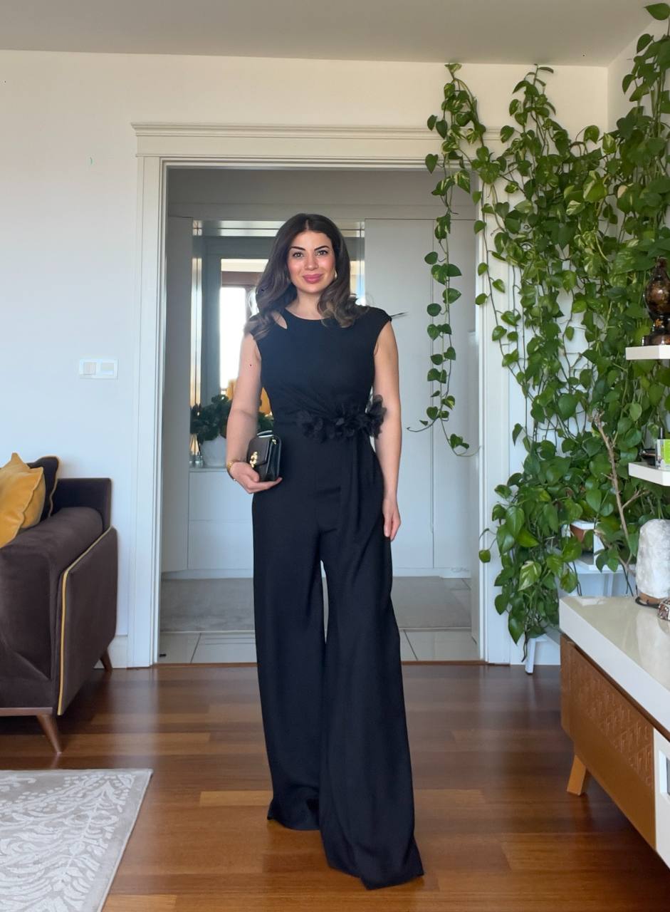 WAIST FLORAL DETAIL JUMPSUIT – BLACK