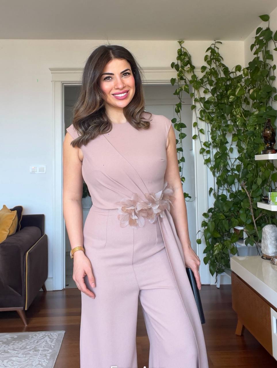WAIST FLORAL DETAIL JUMPSUIT – BEİGE