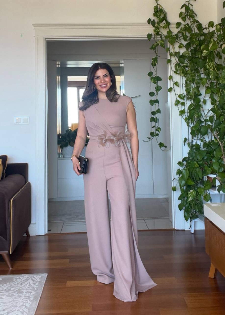 WAIST FLORAL DETAIL JUMPSUIT – BEİGE