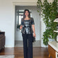 ELEGANT SHIMMER: BELTED METALLIC PRINT BLOUSE & PANTS SET - BLACK