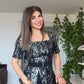 ELEGANT SHIMMER: BELTED METALLIC PRINT BLOUSE & PANTS SET - BLACK