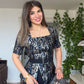 ELEGANT SHIMMER: BELTED METALLIC PRINT BLOUSE & PANTS SET - BLACK