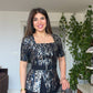 ELEGANT SHIMMER: BELTED METALLIC PRINT BLOUSE & PANTS SET - BLACK