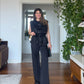 PADDED FOIL BLOUSE & WIDE-LEG PANTS SET - BLACK