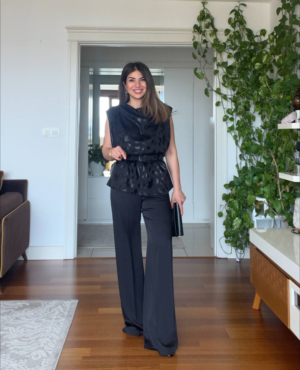 PADDED FOIL BLOUSE & WIDE-LEG PANTS SET - BLACK