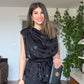 PADDED FOIL BLOUSE & WIDE-LEG PANTS SET - BLACK