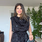 PADDED FOIL BLOUSE & WIDE-LEG PANTS SET - BLACK