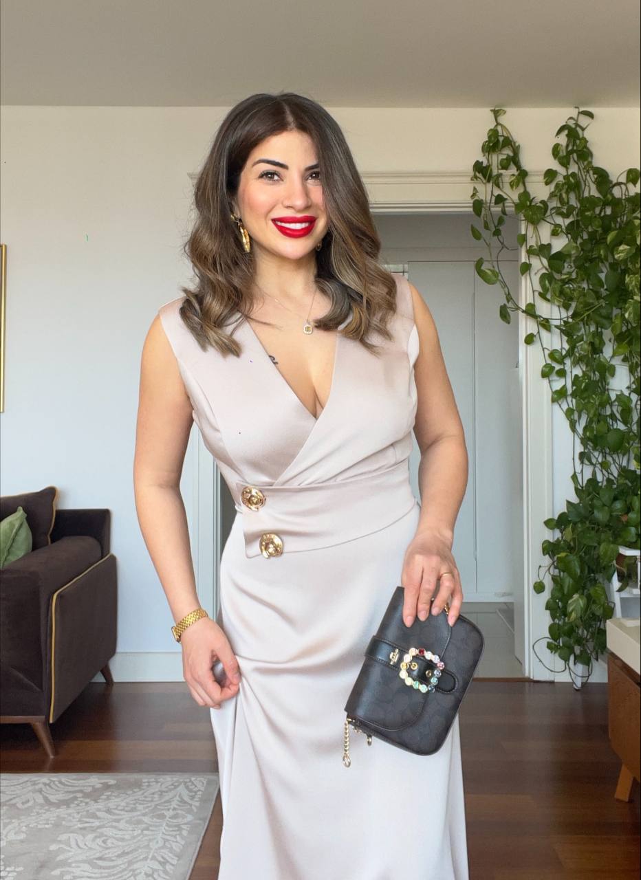 GOLD BUTTON DETAIL WRAP DRESS – BEIGE