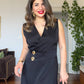 GOLD BUTTON DETAIL WRAP DRESS – BLACK