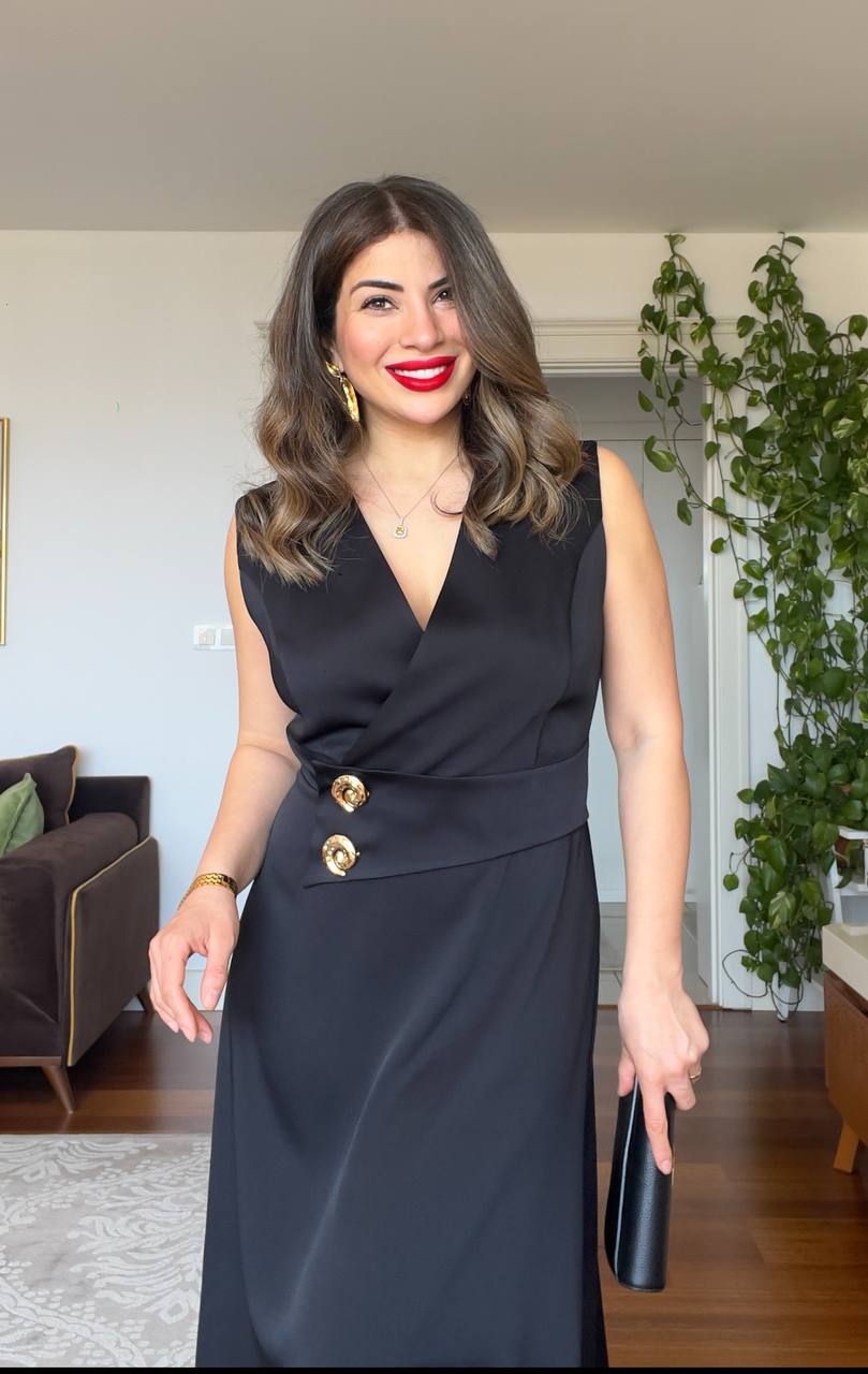 GOLD BUTTON DETAIL WRAP DRESS – BLACK